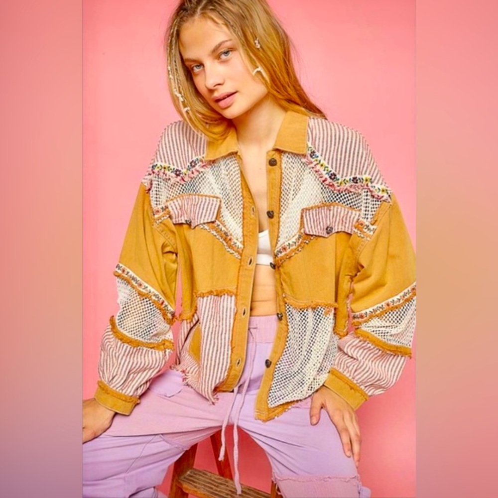 Pol Embroidered Twill Tan Jacket Patchwork Mesh S… - image 1